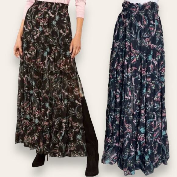 NWT MISA SKIRT FAIRY WHIMSICAL MAXI TIERED RUFFLE SHEER SMOCKED BLACK FLORAL - Picture 1 of 7